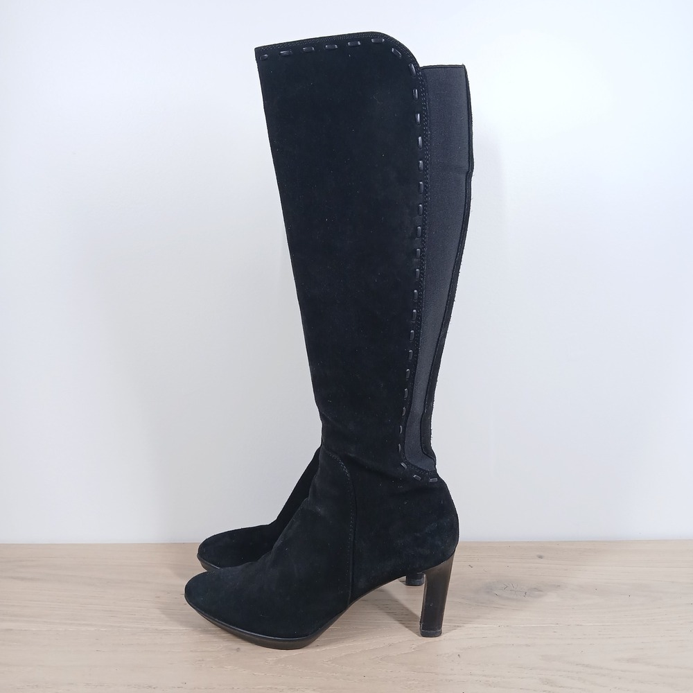 Aquatalia Boots Women 7.5 Black Leather  Knee High Stiletto Zip Dark Academia